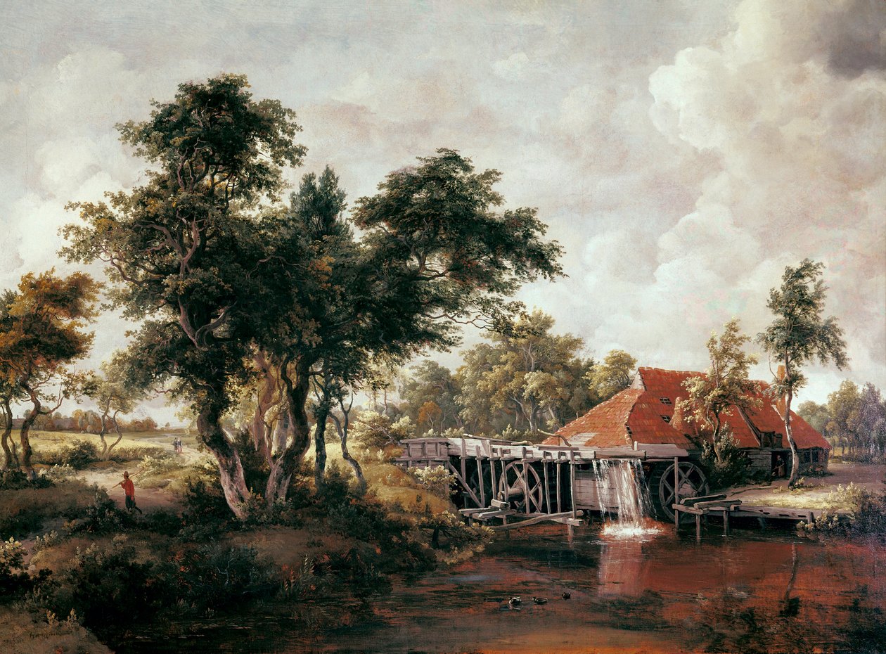 طاحونة مياه ذات سقف أحمر كبير. الرسم بواسطة Meindert HOBBEMA بواسطة ميندرت هوبيما