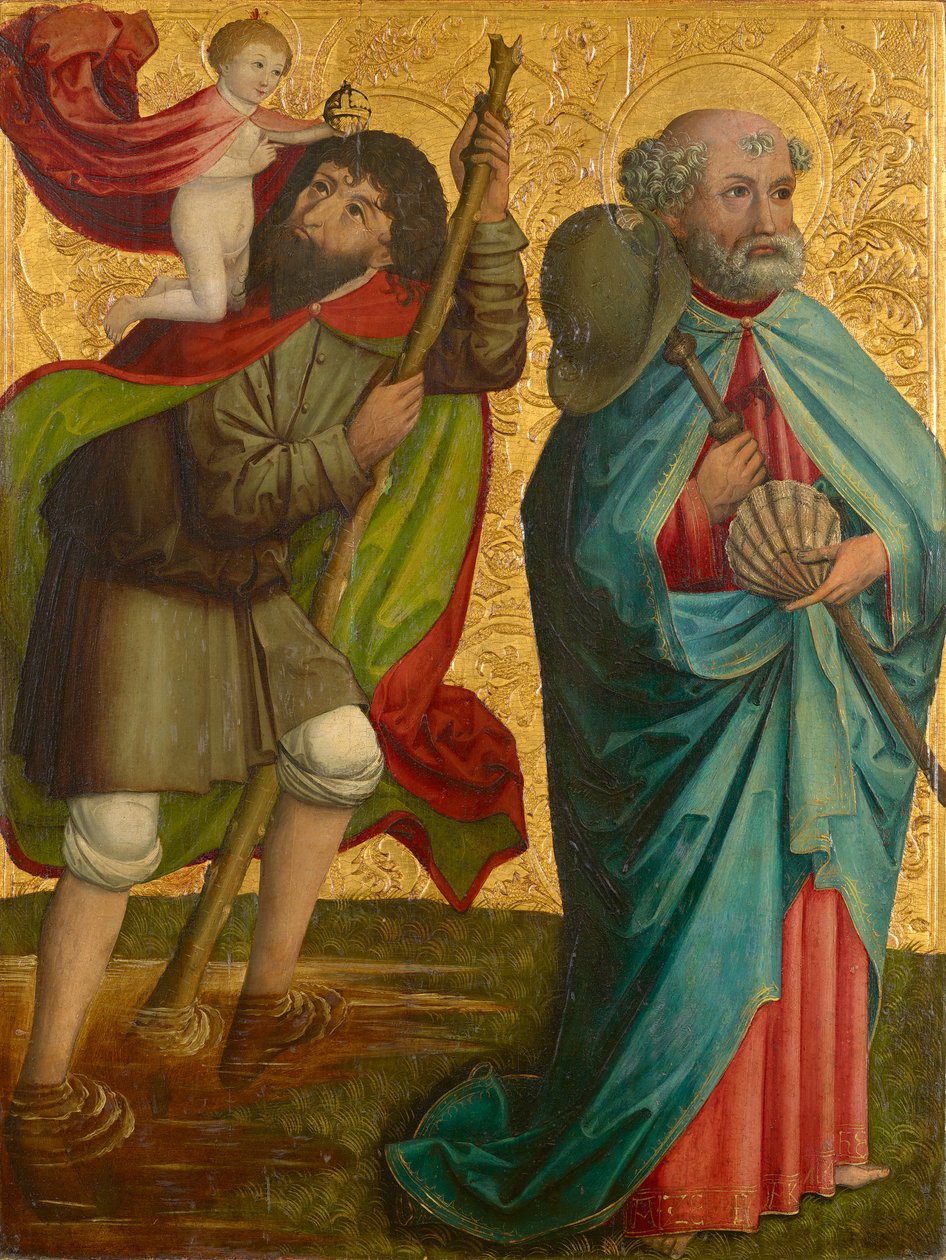 الجناح الأيسر لما يسمى Pretschlaipfer بالثلاثي: St. Christophorus و Jakobus Major (من الداخل) ؛ البشارة لمريم (خارج) بواسطة ماجستير في Grossgmain (ورشة عمل)