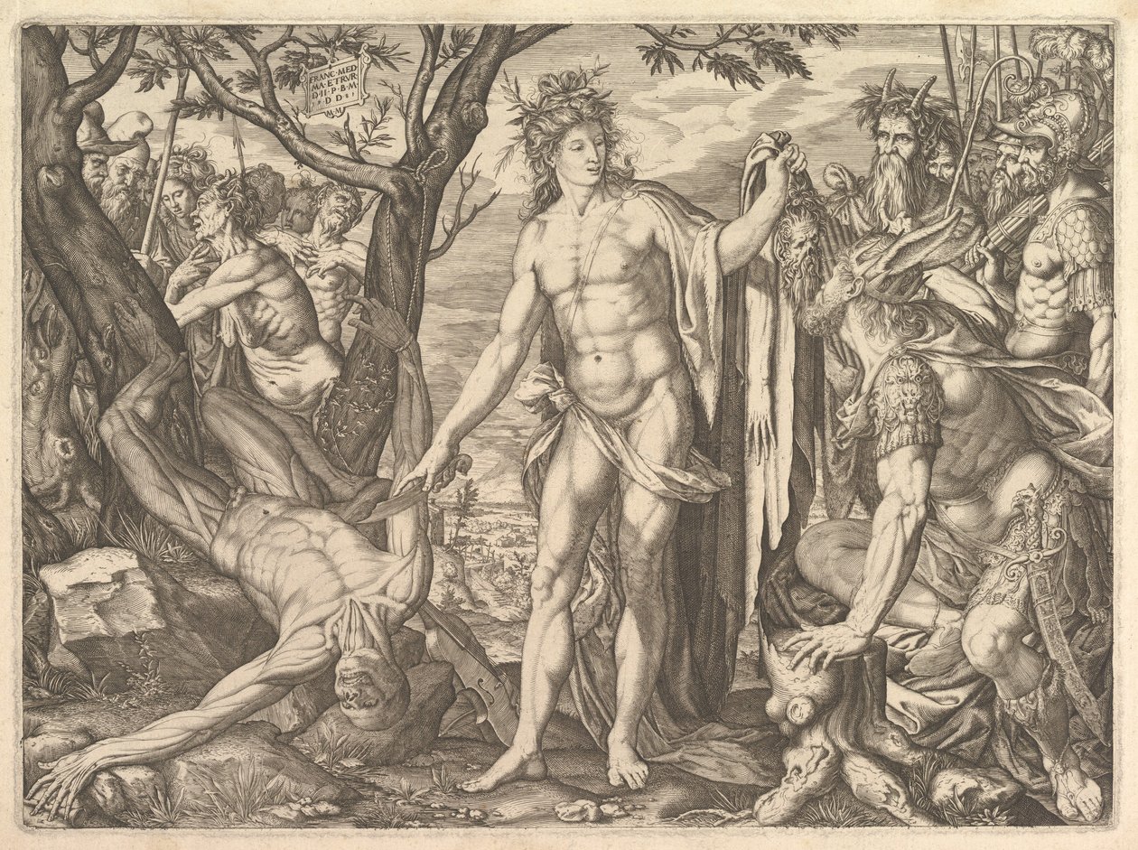 أبولو ومارسياس وحكم ميداس: على اليمين ميداس مع آذان ريستي الحمار ... ، 1581. بواسطة ملكيور ماير