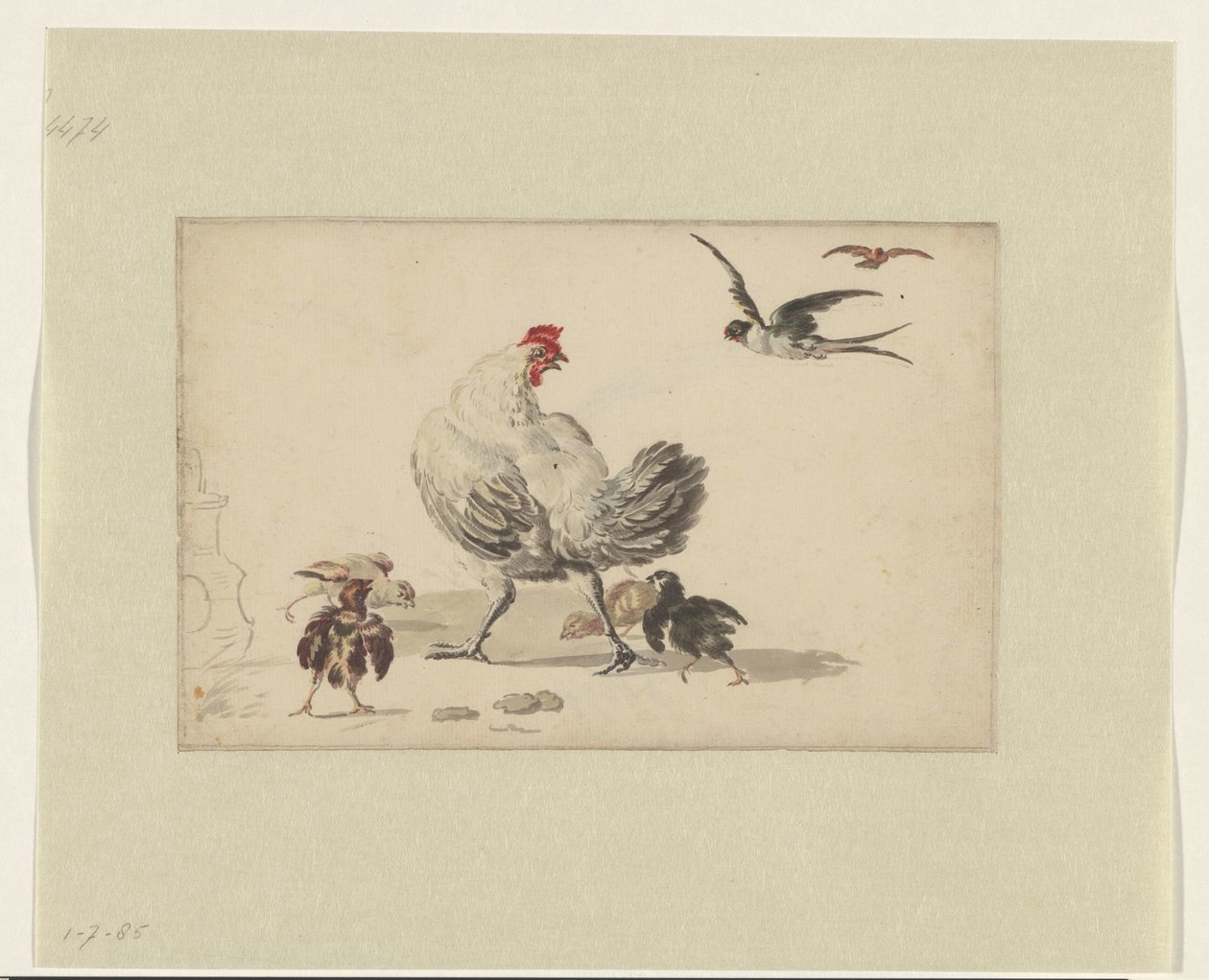 طائر السنونو والدجاجة بأربعة فراخ بواسطة Melchior d'Hondecoeter