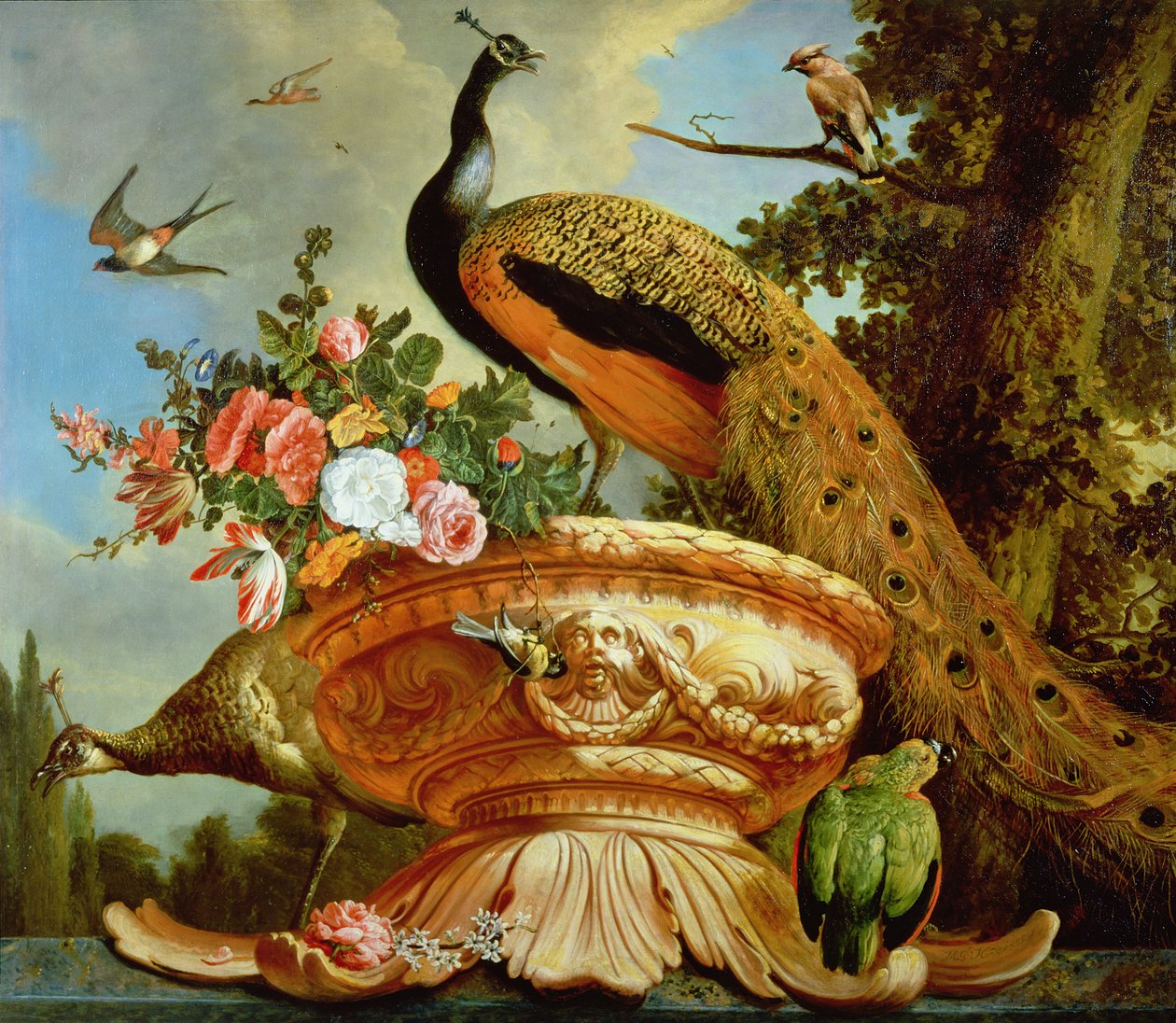 طاووس على جرة زخرفية بواسطة Melchior de Hondecoeter