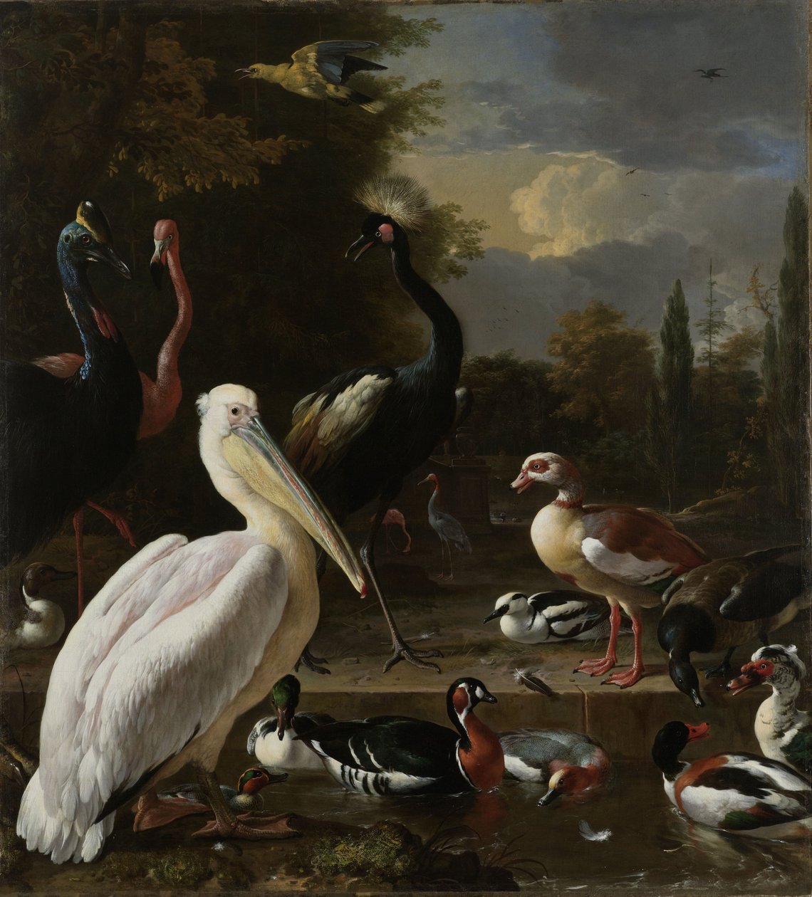 طائر البجع والطيور الأخرى بالقرب من بركة ، المعروفة باسم "الريشة العائمة" ، c.1680 بواسطة Melchior de Hondecoeter