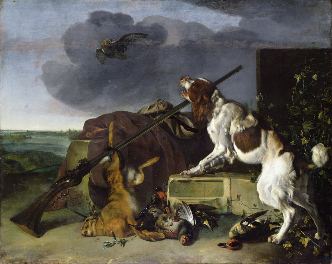 كلب يدافع عن المباراة 1658 بواسطة Melchior de Hondecoeter