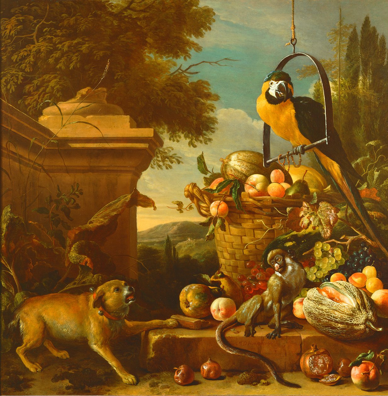 الببغاء والقرد بواسطة Melchior de Hondecoeter