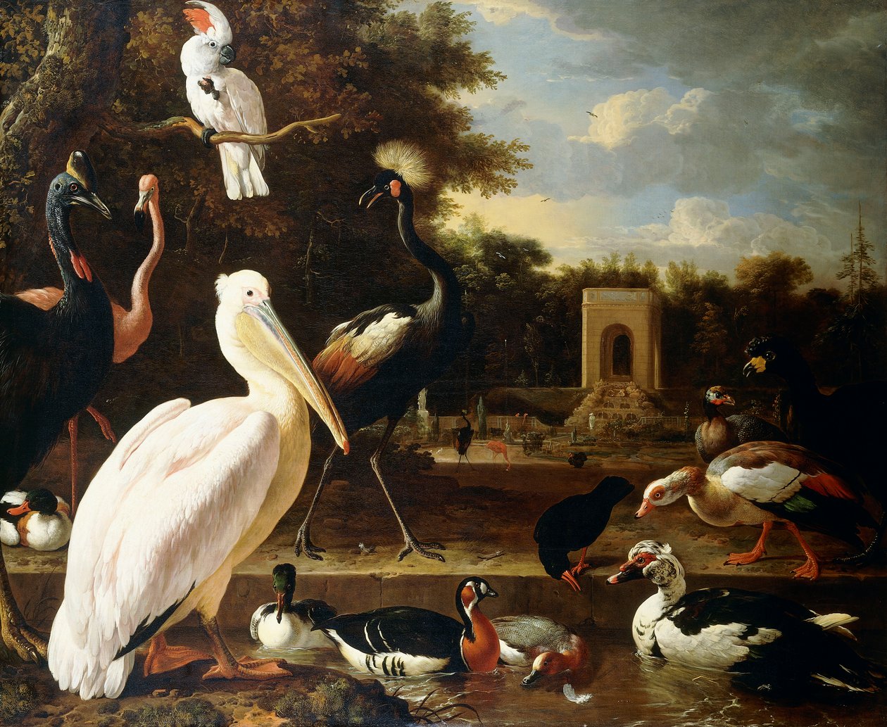 أنواع مختلفة من الطيور في بركة في متنزه ، بواسطة Melchior de Hondecoeter