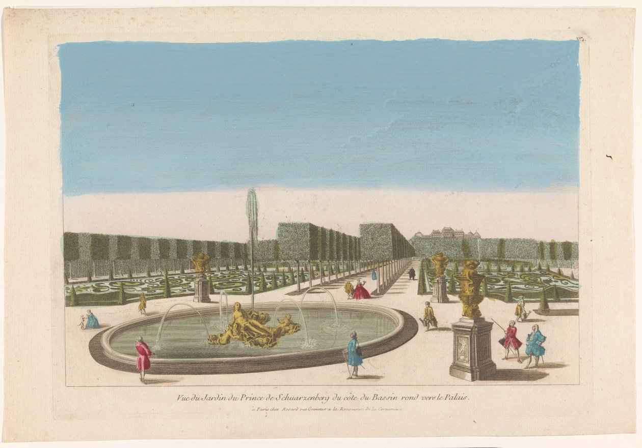 منظر لنافورة حديقة قصر شوارزنبرج بالقرب من مدينة فيينا Vue du jardin du prince de Schwarzenberg du côte du bassin rond vers le palais (العنوان على الكائن) بواسطة ميسارد