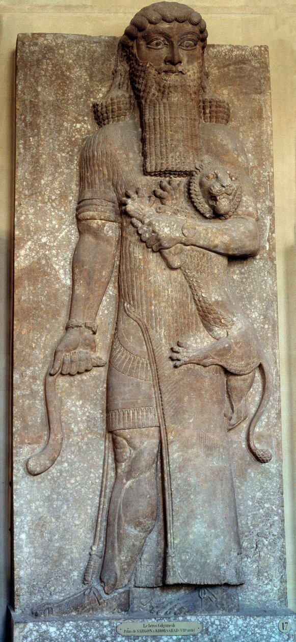 Mesopotamia: “” Statue of Sargon mastering a lion””” said “” Gilgamesh”” Court Khorsabad (Khunsabad) 8th century. Paris, Louvre Museum بواسطة بلاد ما بين النهرين