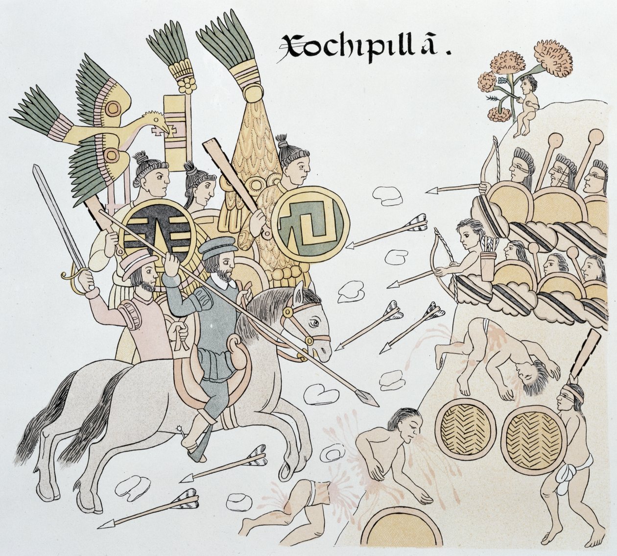 معركة Xochipilla بين الإسبان والأزتيك ، التوضيح من فاكس من تاريخ الصورة الهندية المكسيكية Lienzo de Tlaxcala من c.1550 ، 1892 بواسطة المدرسة المكسيكية