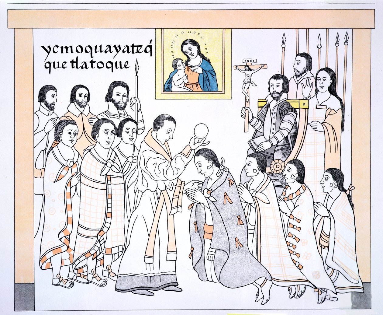 تلقت Caciques شركة بالتواصل من كاهن في منزل Hernando Cortes (1485-1547) ، التوضيح من فاكس من تاريخ مكسيكي هندي صور Lienzo de Tlaxcala من c.1550 ، 1892 (مضاءة بالألوان بواسطة المدرسة المكسيكية
