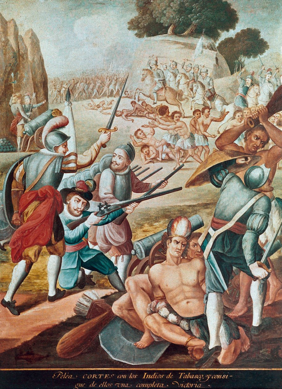 غزو المكسيك: معركة معارضة هرناندو كورتيس (هرنان كورتيز) (1485-1547) أمام هنود تاباسكو عام 1519 "" رسم المدرسة المكسيكية بواسطة المدرسة المكسيكية