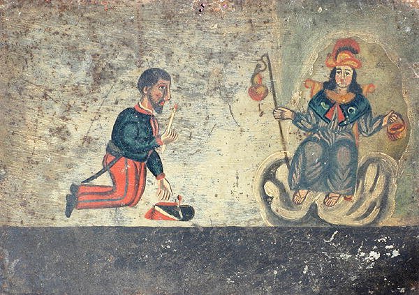 Ex-voto يصور جنديًا فرنسيًا يشكر سانت جيمس من كومبوستيلا (معدن مطلي) بواسطة المدرسة المكسيكية
