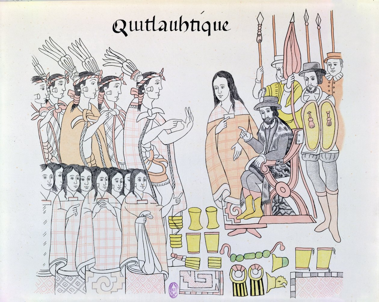 La Malinche (Dona Marina) يعمل كمترجم أثناء تقديم النساء والذهب من قبل مونتيزوما (1466-1520) إلى هيرناندو كورتيس (1485-1547) ، توضيح من فاكس من صورة هندية مكسيكية بواسطة المدرسة المكسيكية