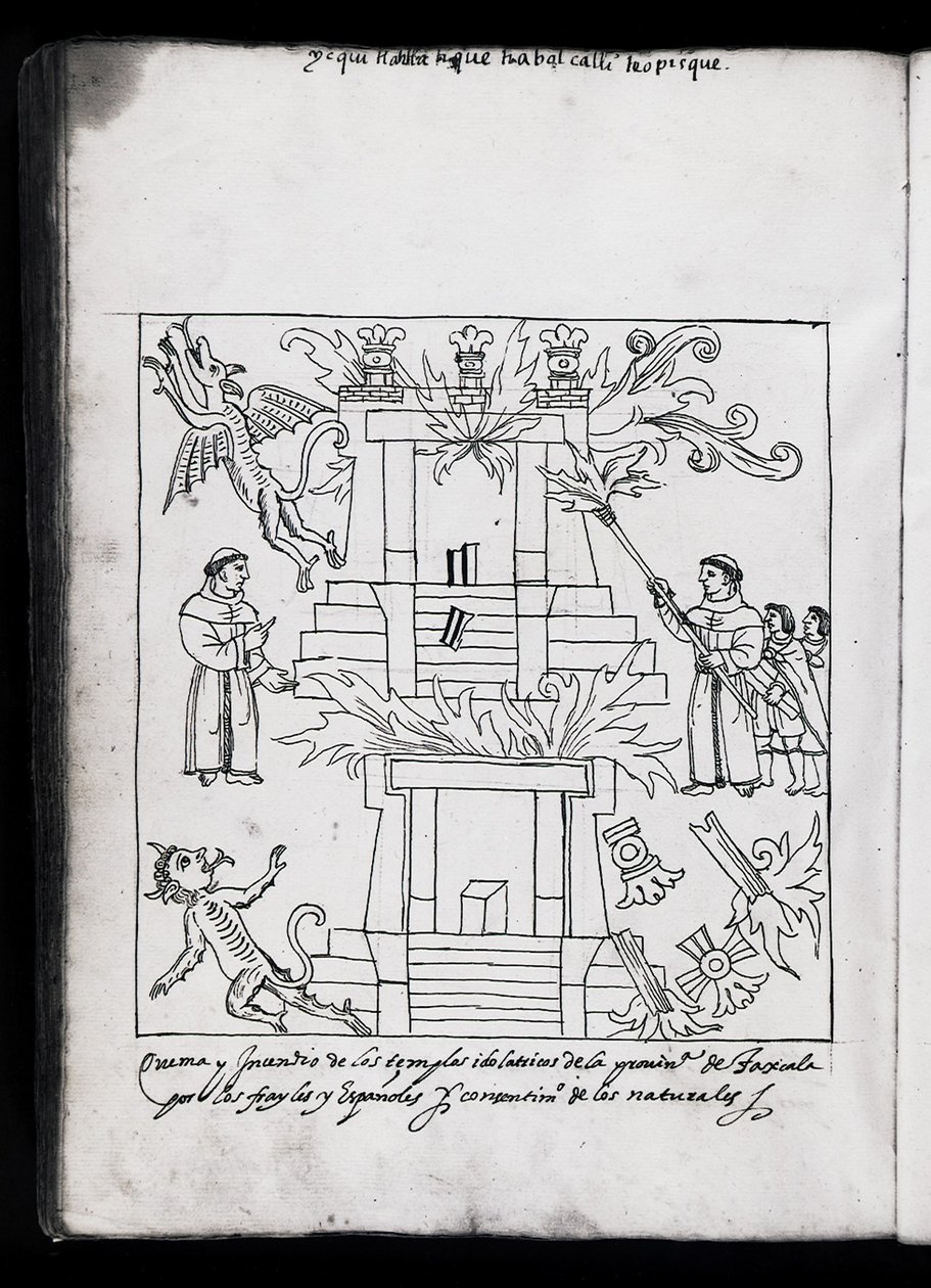 MS Hunter 242 f.240v حرق المعابد ، تلاكسكالا ، رسم توضيحي من "هيستوريا دي تلاكسكالا" بواسطة دييغو مونوز كامارغو (قلم وحبر على ورق) بواسطة المدرسة المكسيكية
