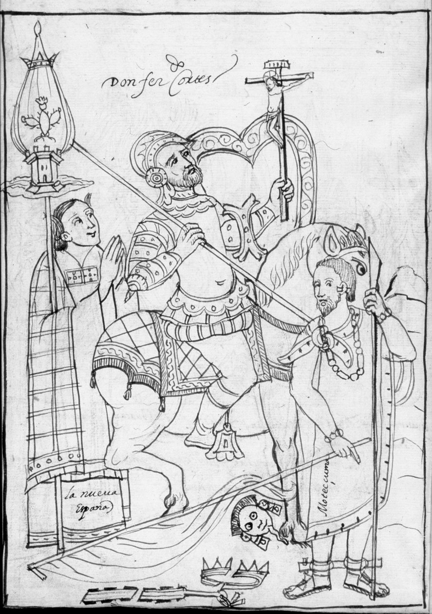 MS Hunter 242 f.246v ، Cortes on Horseback ، يقف فوق ملك الأزتيك المهزوم Moctezuma ، رسم توضيحي من Historia de Tlaxcala بواسطة Diego Munoz Camargo بواسطة المدرسة المكسيكية