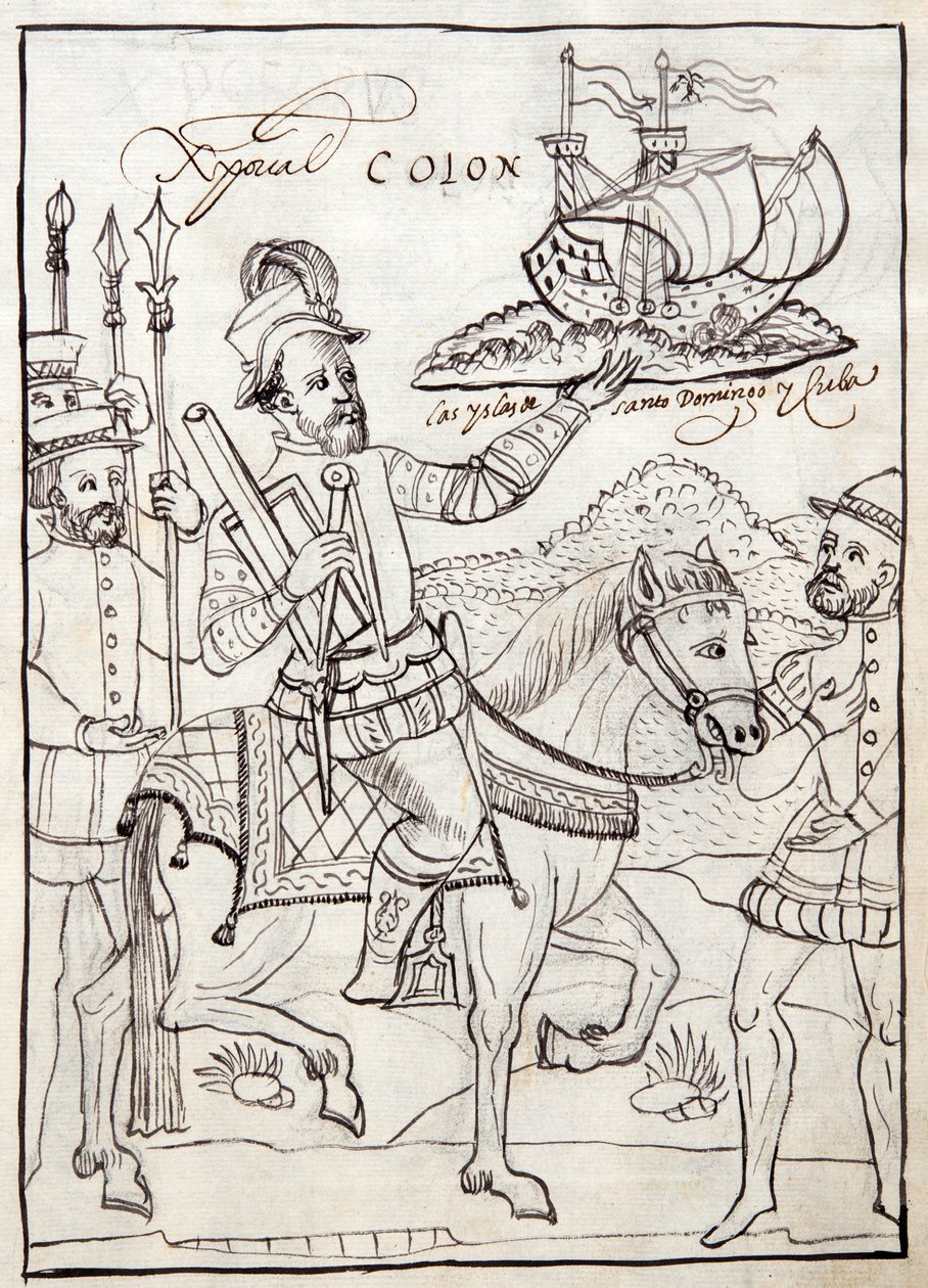 MS Hunter 242 f.247r كريستوفر كولومبوس ، رسم توضيحي من هيستوريا دي تلاكسكالا بقلم دييغو مونوز كامارجو بواسطة المدرسة المكسيكية