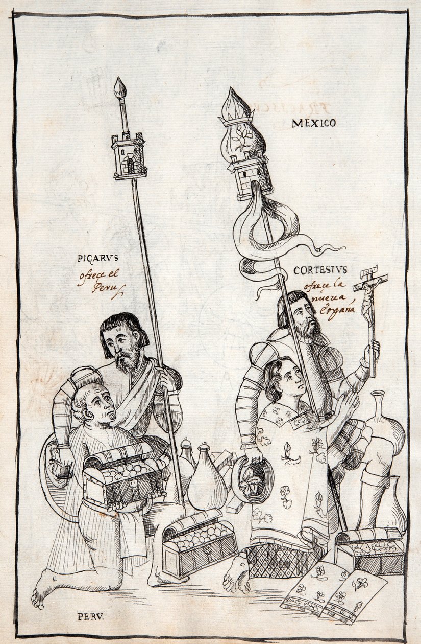 MS Hunter 242 f.248v Picarus (Pizarro) يقدم بيرو وكورتيسيوس (Cortes) نويفا إسبانا ، التوضيح من هيستوريا دي تلاكسكالا بواسطة دييجو مونوز كامارغو بواسطة المدرسة المكسيكية