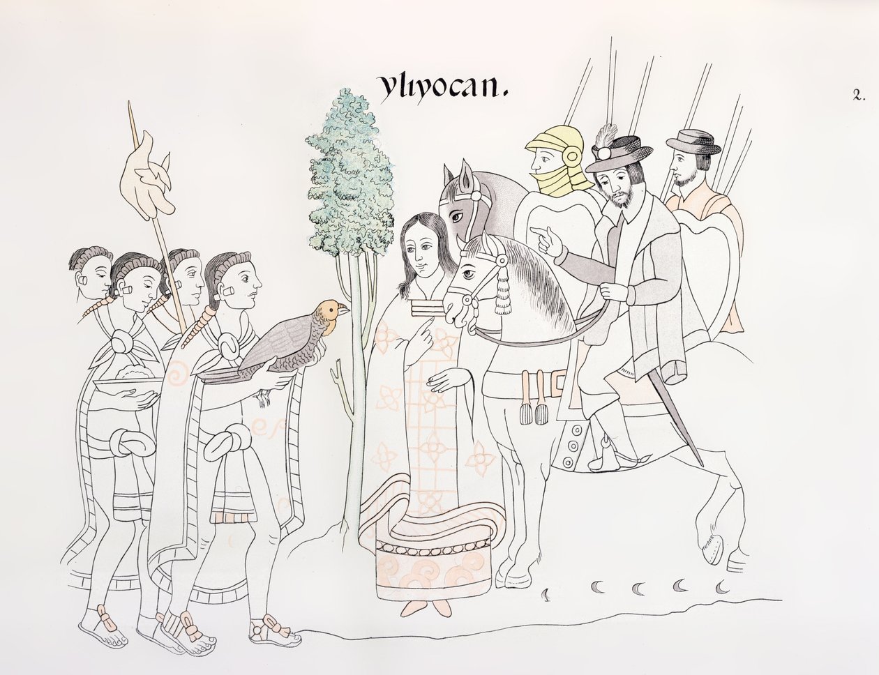 اجتماع هيرناندو كورتيس (1485-1547) والأزتيك ، رسم توضيحي من فاكس من تاريخ صورة مكسيكي هندي Lienzo de Tlaxcala من c.1550 ، 1892 بواسطة المدرسة المكسيكية