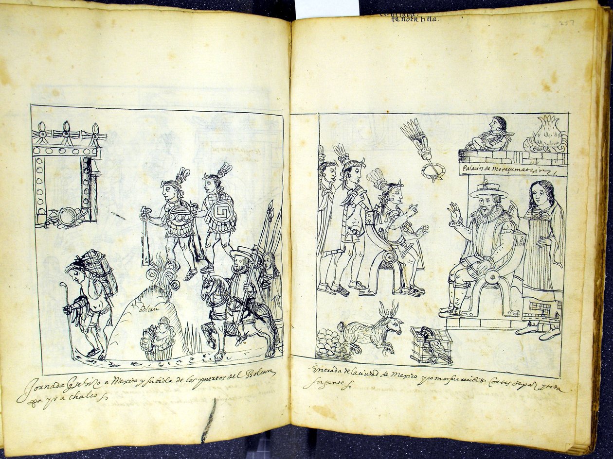 السيدة Hunter 242 256v-257r Cortez and Montezuma ، من هيستوريا دي تلاكسكالا بقلم دييغو مونوز كامارجو بواسطة المدرسة المكسيكية