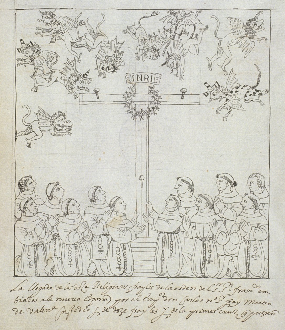 السيدة Hunter 242 f.239v تركيب الصليب الأول ، من هيستوريا دي تلاكسكالا بقلم دييغو مونوز كامارجو بواسطة المدرسة المكسيكية