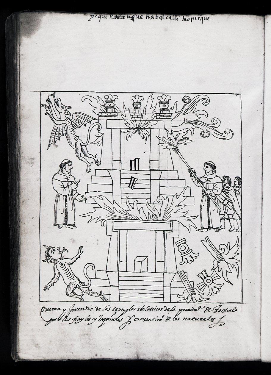 السيدة Hunter 242 f.240v معابد الفرنسيسكان المحترقة ، رسم توضيحي من هيستوريا دي تلاكسكالا بقلم دييغو مونوز كامارجو بواسطة المدرسة المكسيكية