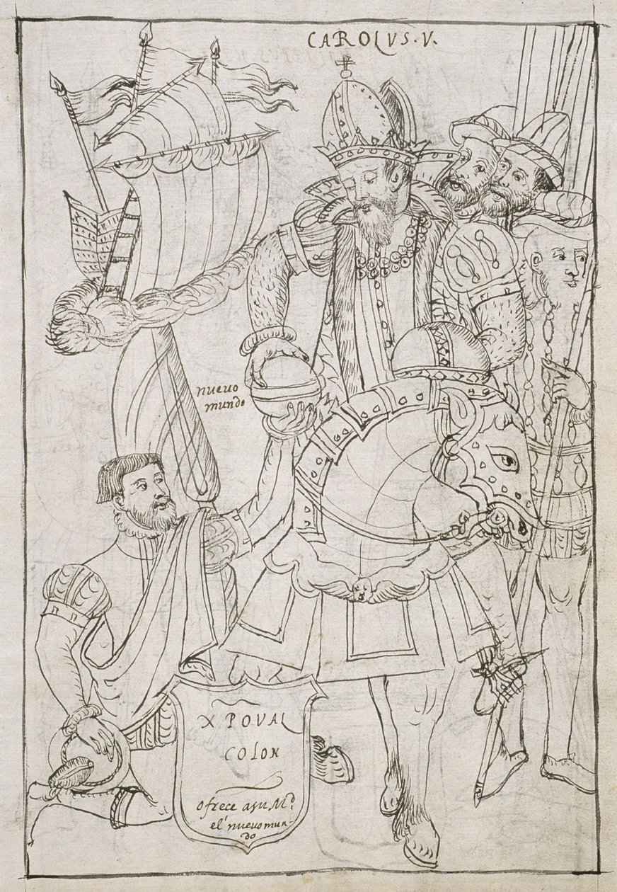 السيدة Hunter 242 f.249r Christopher Columbus (1451-1506) تقدم بشكل رمزي العالم الجديد إلى Charles V (1500-08) ، من Historia de Tlaxcala بواسطة Diego Munoz Camargo بواسطة المدرسة المكسيكية