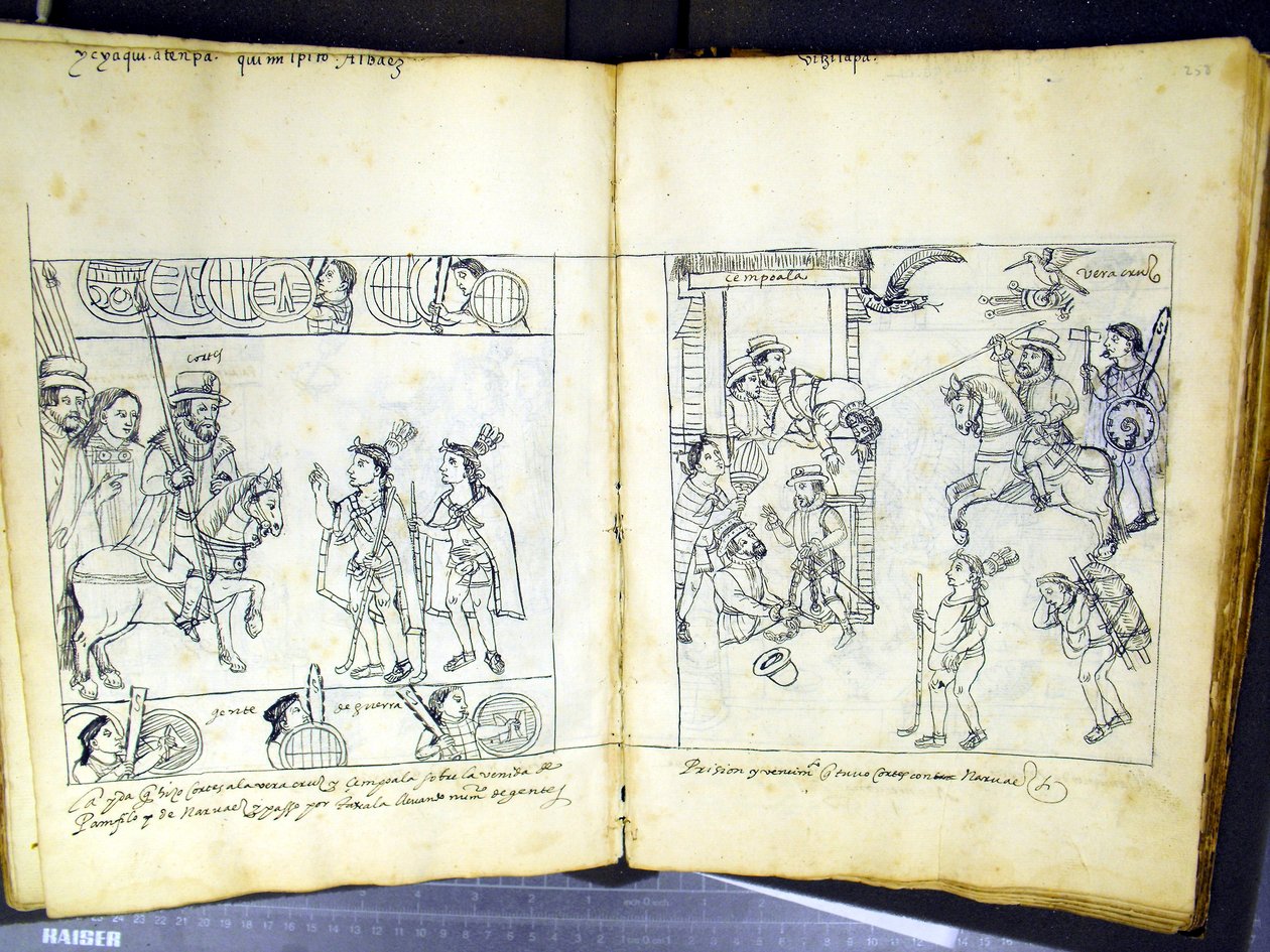 السيدة هانتر 242 f.257v و f.258r ، من "هيستوريا دي تلاكسكالا" لدييجو مونوز كامارجو (قلم وحبر على ورق) بواسطة المدرسة المكسيكية