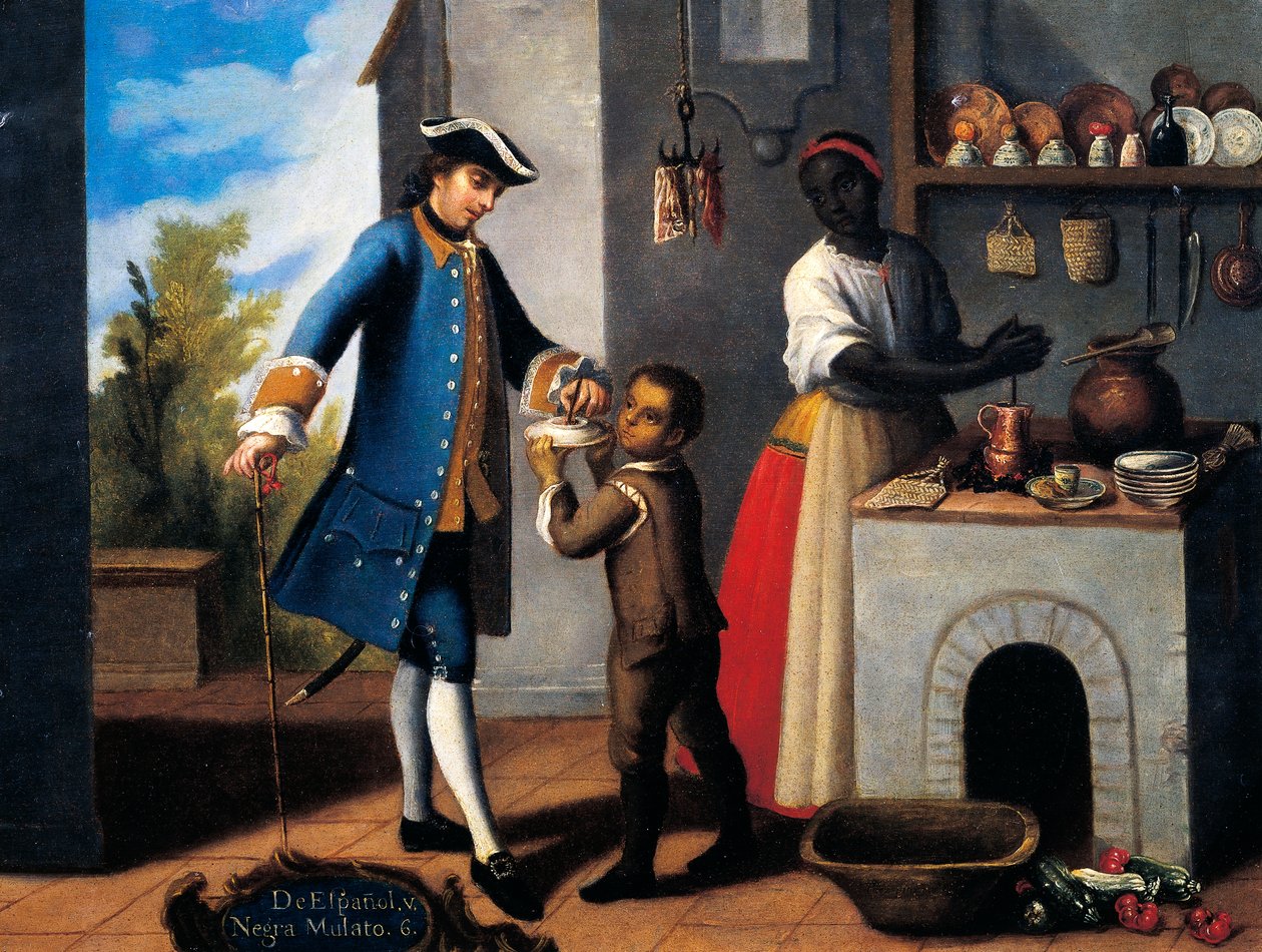 White Spanish man, Black woman and mixed race son (mulatto), Painting on theme of miscegenation بواسطة المدرسة المكسيكية