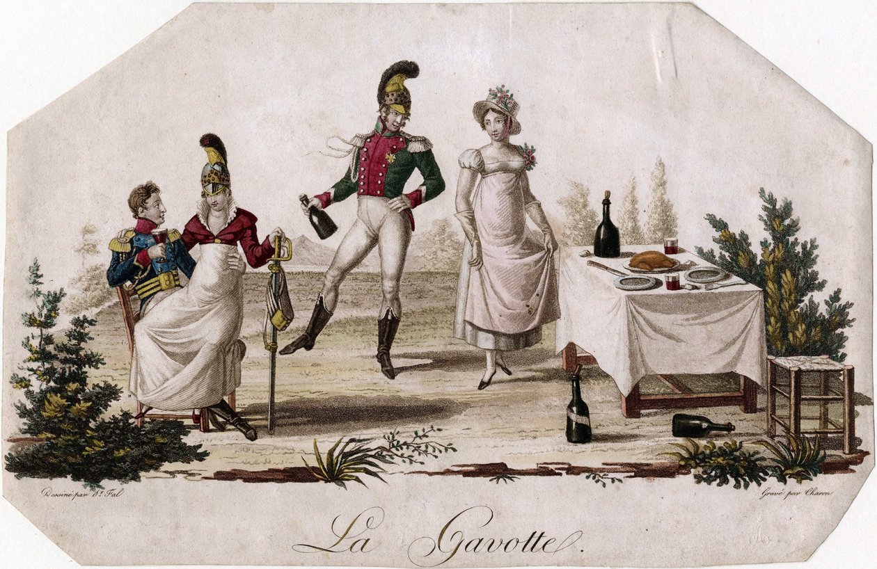"رقصة جافوت" "مطبوعة حجرية لمينير سان فال (سانت فال) (1762-1840) حوالي 1815 قاتمة 17.7 × 27.3 سم مجموعة خاصة بواسطة مينير سانت فال
