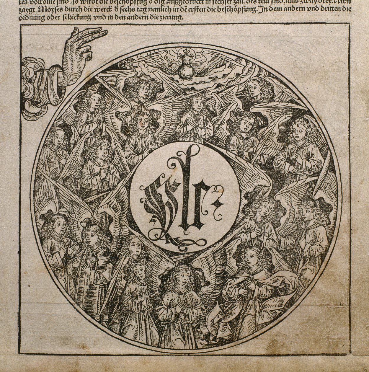 الله الآب يخلق الملائكة ، رسم توضيحي من "Liber Chronicarum" بقلم هارتمان شيدل (1440-1514) نشر في نورمبرغ ، 1493 بواسطة مايكل و Pleydenwurff ، Wolgemuth