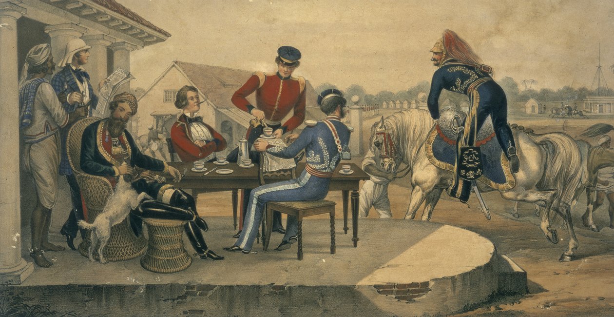 حفلة قهوة في محطة عسكرية في الهند ، حوالي 1850 (نقش ملون) بواسطة مايكل هانهارت