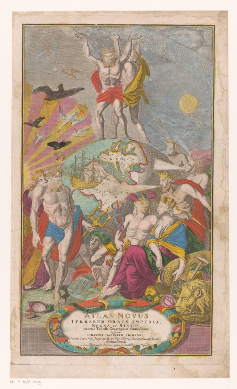 أطلس إن هرقل يسحب صفحاته إلى العنوان: Johann Baptista Homann، Atlas Novus Terrarum Orbis Imperia، Regna et Status Exacte Tabulis Geographic Demonstrating، 1729 بواسطة مايكل روسلر