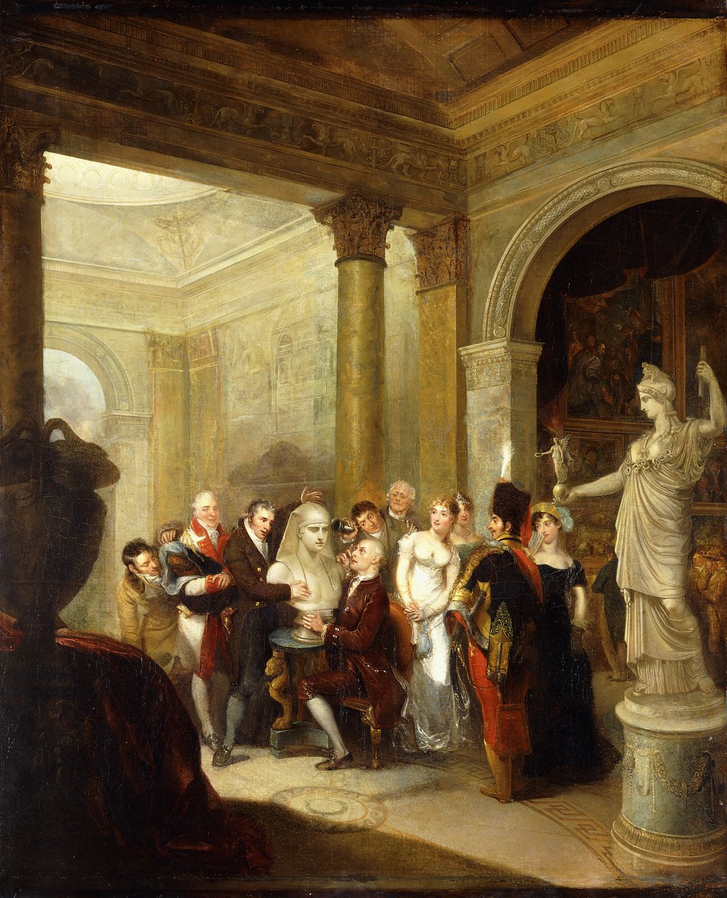 الداخلية Capriccio مع مجموعة من السيدات والسادة يفحصون تمثال نصفي Antinous ، مع الأمل أثينا ومعرض صور إلى اليمين. صالون مقبب إلى اليسار ، 1811 بواسطة مايكل وليام شارب