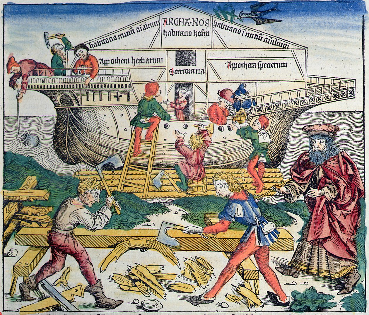 بناء سفينة نوح ، من نورنبرغ كرونيكل بقلم هارتمان شيدل ، 1493 (قطع خشبية ملونة) بواسطة مايكل ولجيموت