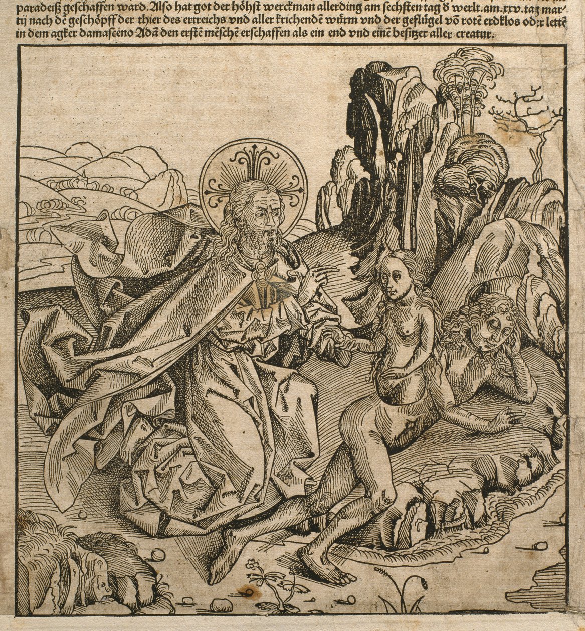 الله الأب يخلق حواء من ضلع آدم ، توضيح من "ليبر كرونيكاروم" بقلم هارتمان شيدل (1440-1514) نشر في نورمبرغ ، 1493 بواسطة مايكل و Pleydenwurff ، Wolgemuth