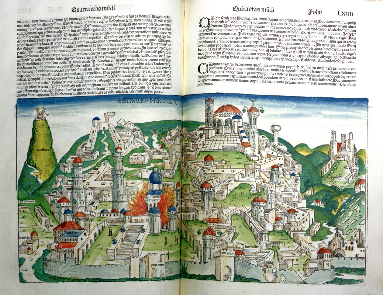 دمر الإمبراطور تيتوس مدينة ثورة القدس ، من نورنبرغ كرونيكل بقلم هارتمان شيدل (1440-1514) طبع عام 1493 بواسطة مايكل و Pleydenwurff ، Wolgemuth
