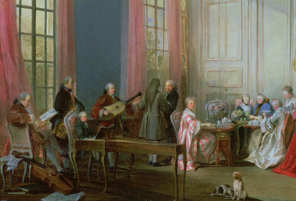 CRL29770 The Young Mozart at the clavichord ، التفاصيل من Le The a l&39;Anglaise ، حفلة موسيقية في منزل Princesse de Conti ، 1766 (تفاصيل 26529) بواسطة ميشيل بارتيليمي أوليفييه أو أوليفييه
