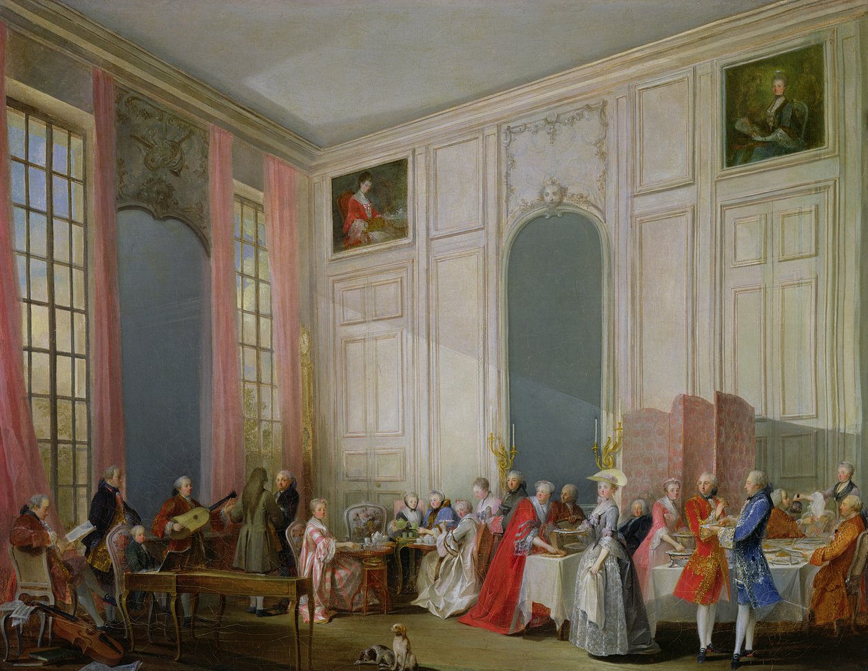 الشاي الإنجليزي (le the a l&39;Anglaise) وحفلة موسيقية في منزل Princesse de Conti ، قصر المعبد ، باريس مع الشاب Mozart في Clavichord ، 1766 بواسطة ميشيل بارتيليمي أوليفييه أو أوليفييه