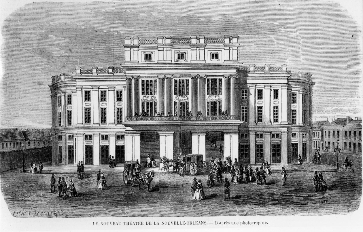المسرح الجديد في نيو أورليانز ، محفور بعد صورة فوتوغرافية ، 1859 بواسطة ميشيل سي وجايلدراو ، جول فيشوت