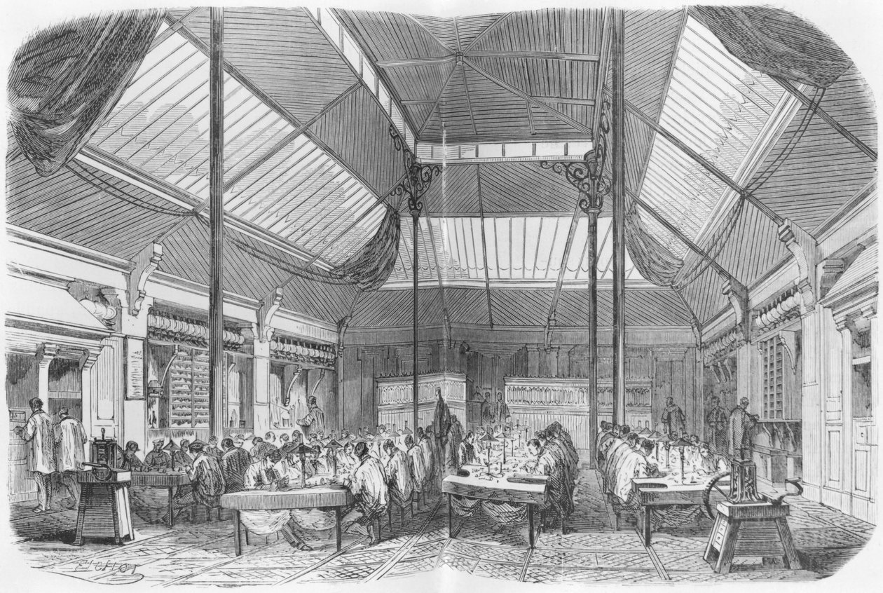 ورشة مجوهرات خلال الإمبراطورية الثانية ، رسم توضيحي من "Les Grandes Usines" لجوليان تورجان ، 1880 بواسطة تشارلز فيشوت