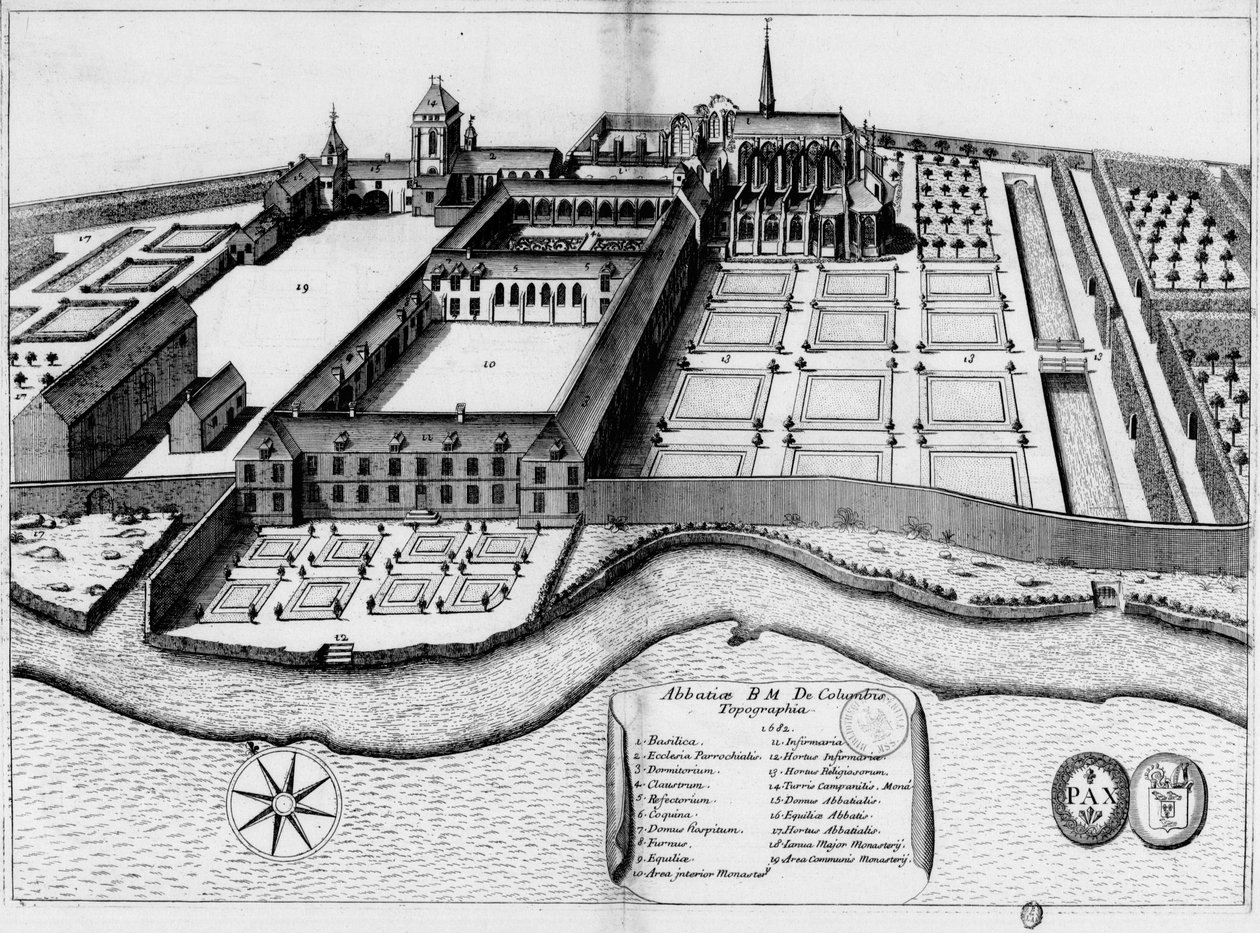 لوحة محفورة من القرن السابع عشر تمثل دير نوتردام دي كولومب ، في كتاب Monasticon Gallicanum بواسطة ميشيل جيرمان