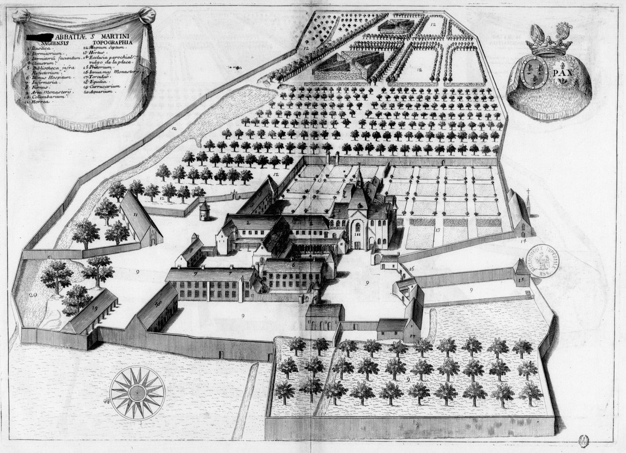لوحة محفورة من القرن السابع عشر تمثل دير القديس مارتن دي سيس ، في كتاب Monasticon Gallicanum بواسطة ميشيل جيرمان