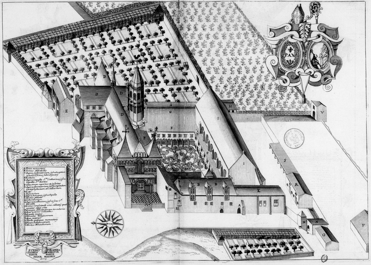 لوحة منقوشة من القرن السابع عشر تمثل دير لا سو ماجور ، فرنسا ، في كتاب Monasticon Gallicanum بواسطة ميشيل جيرمان