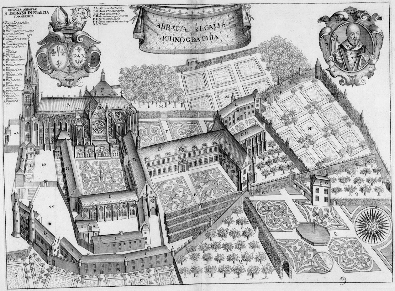 لوحة محفورة من القرن السابع عشر تمثل دير سانت دينيس في فرنسا ، في كتاب Monasticon Gallicanum بواسطة ميشيل جيرمان