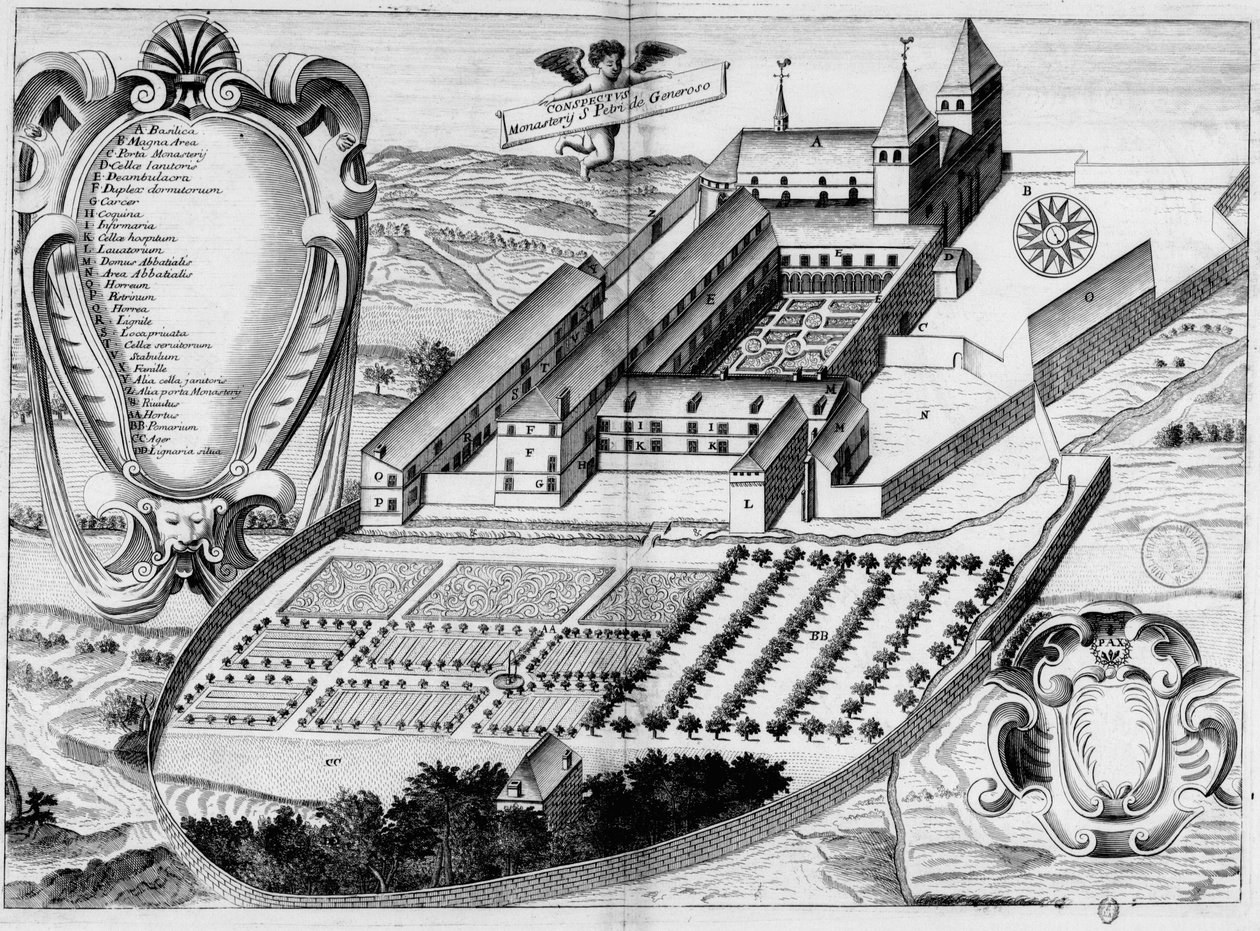 لوحة محفورة من القرن السابع عشر تمثل دير القديس بي دو بيغور ، في كتاب Monasticon Gallicanum بواسطة ميشيل جيرمان