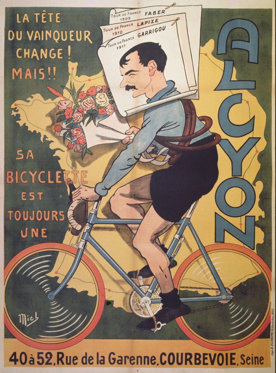 دورات إعلان الملصقات "Alcyon" مع الفائزين بسباق Tour de France Faber (1909) ، Lapize (1910) ، Garrigou (1911) 1911 بواسطة ميشيل ليبو