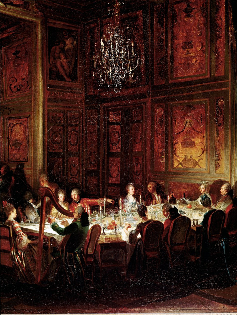 Dinner of Prince Louis Francois de Conti, Palace of the Temple”” Detail. Painting by Michel Barthelemy Ollivier (1712-1784) 1766 Sun. 0,56x0,71 Versailles, musee du chateau بواسطة ميشيل بارتيليمي أوليفييه أو أوليفييه