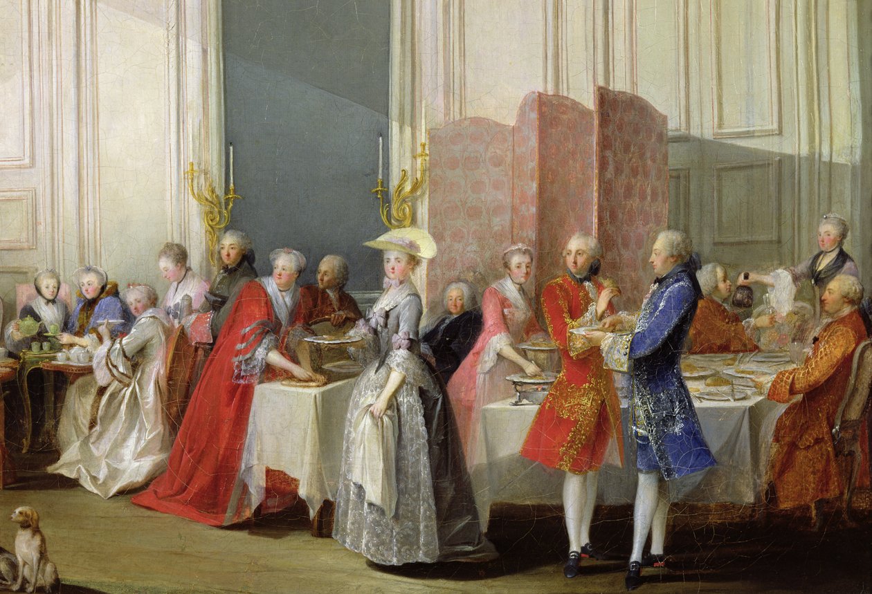 الشاي الإنجليزي في Salon des Quatre Glaces في منزل Prince de Conti (1717-76) Palais du Temple ، تفاصيل الضيوف ، 1766 بواسطة ميشيل بارتيليمي أوليفييه أو أوليفييه