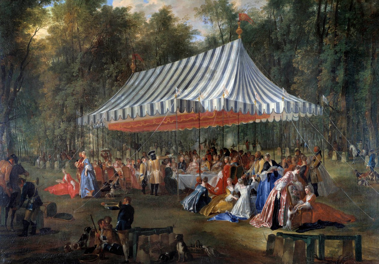 Fete given by Louis Francois Joseph de Bourbon, Prince of Conti to Hereditary Prince Charles Guillaume Ferdinand of Brunswick Luebourg (1735-1806), under the tent, in the forest of Cassan, at the Isle Adam in 1766 Banquet in the park. Painting by Michel Ba بواسطة ميشيل بارتيليمي أوليفييه أو أوليفييه