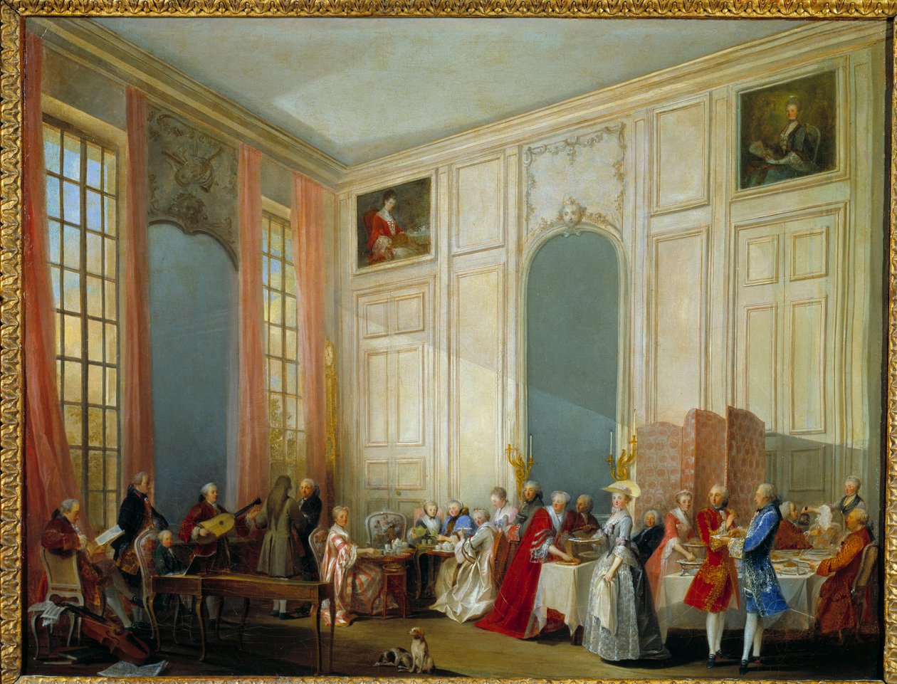 خدم Le The a l'Englishman في Salon des Quatre Glaces (Four Glaces) في Palais du Temple في باريس عام 1764 الشاب وولفجانج أماديوس موزارت (1756-1791) يجلس على اليسار عند هاربسيكورد بحضور المحكمة بأكملها أمير كونتي. بواسطة ميشيل بارتيليمي أوليفييه أو أوليفييه