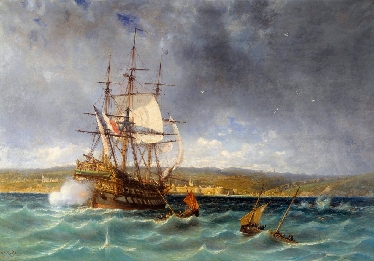 المخضرم يدخل ميناء كونكارنو التفاصيل. لوحة لميشيل بوكيه (1807-1890) بريست القرن التاسع عشر ، متحف الفنون الجميلة بواسطة باقة ميشال